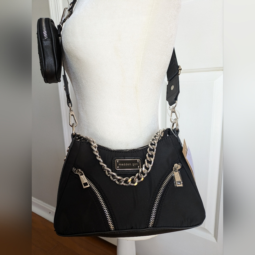 NWT Madden Girl Black Crossbody Bag with Silver Chain Detail